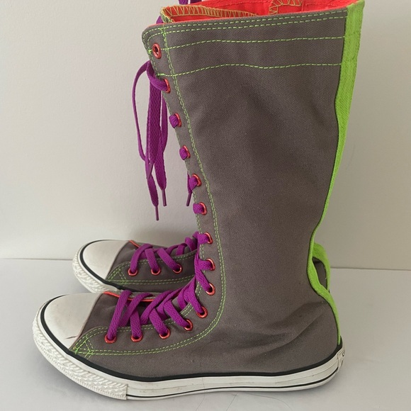 Converse Shoes - Gray and Green High-Top Sneakers with Purple Laces